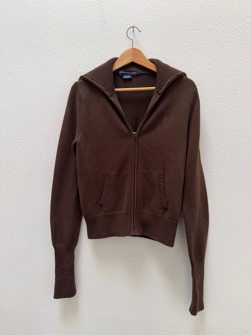 Vintage Womens Ralph Lauren Sport Brown Knit Full Zip Sailor Collar Sweater L